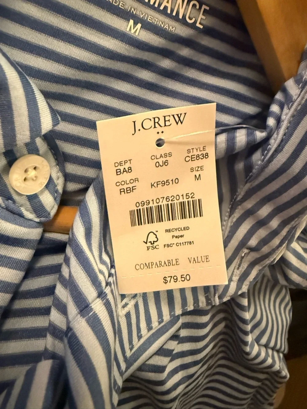 J. Crew Men’s Blue and White Striped Performance Polo